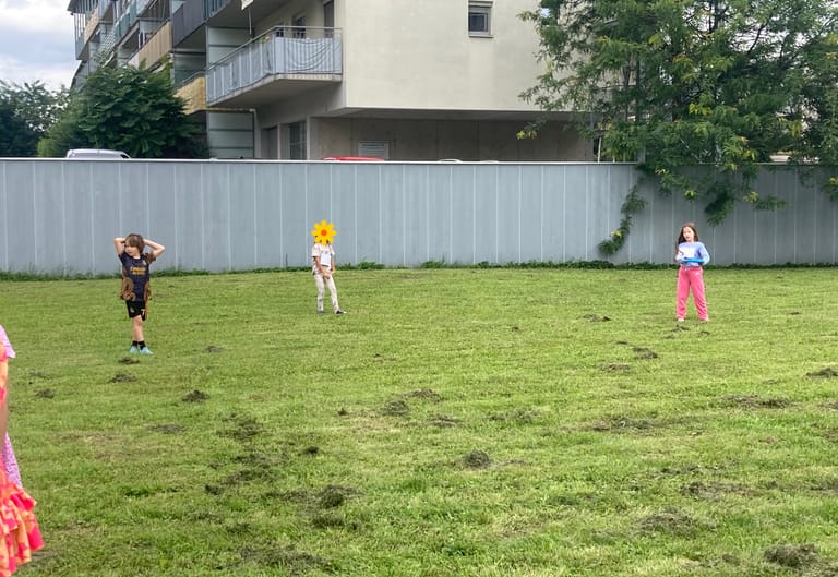 Kinder spielen Frisbee auf der Wiese.