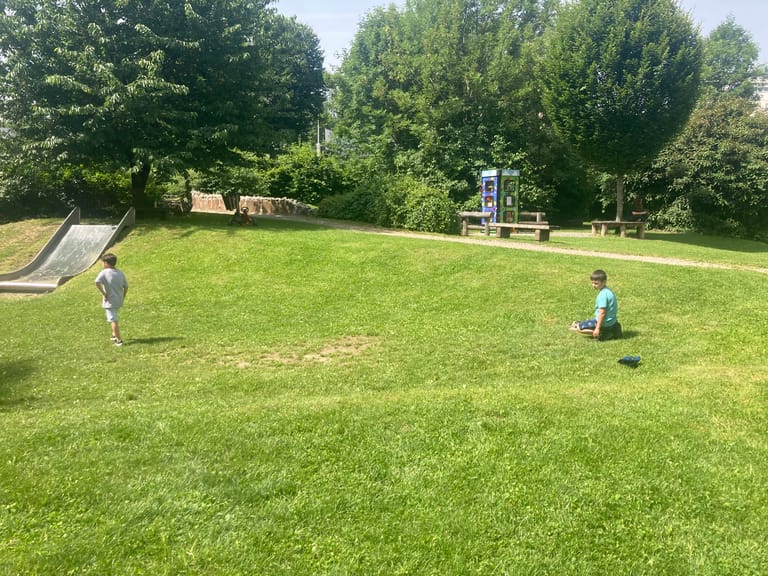 Kinder sitzen in der grünen Wiese.