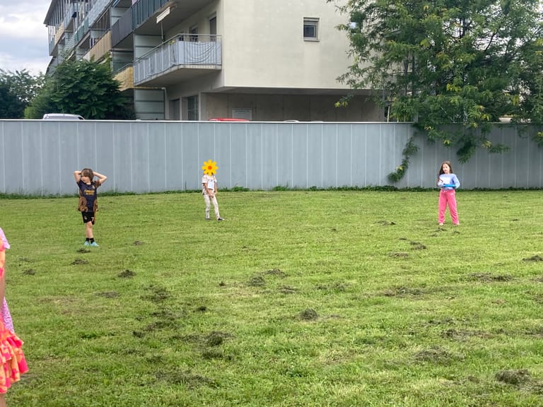 Kinder spielen Frisbee auf der Wiese.